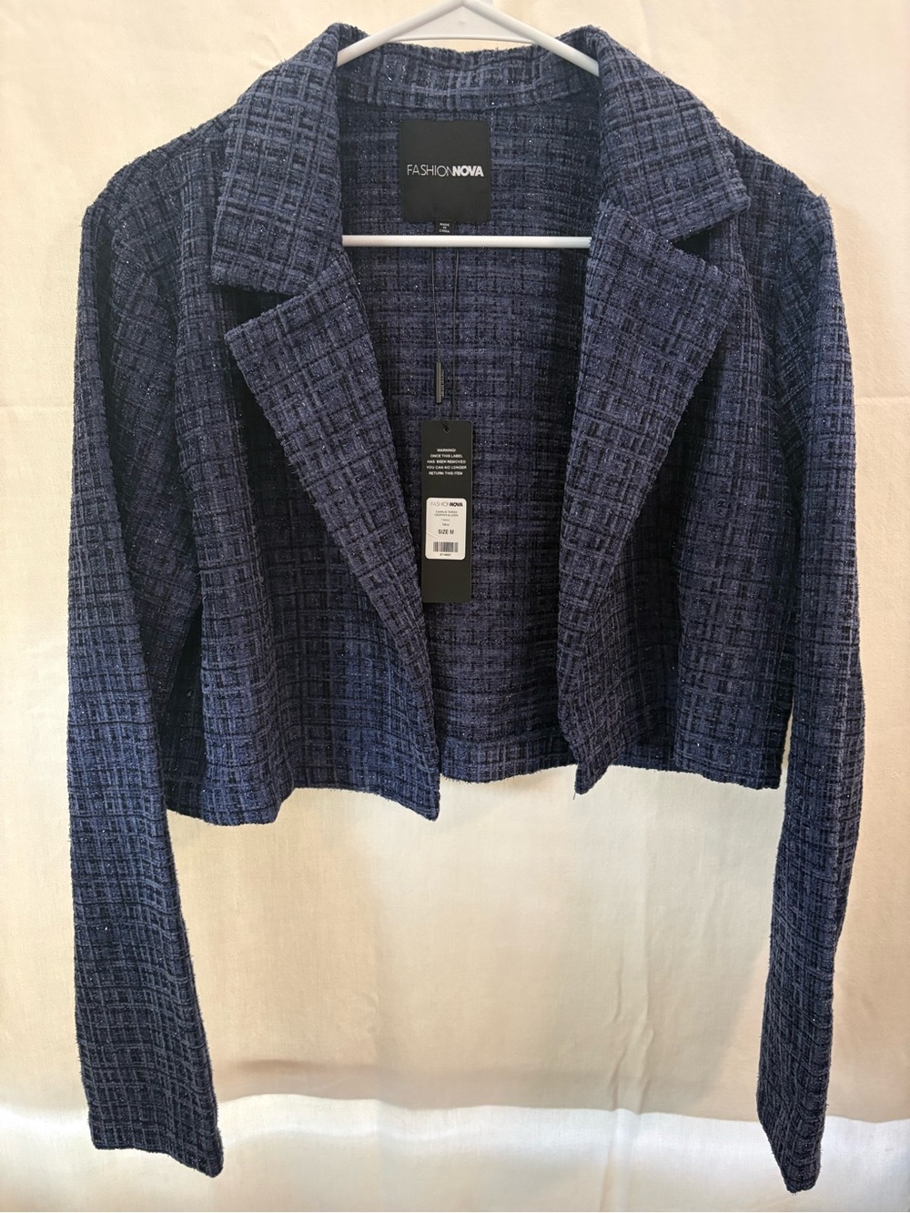 Fashion Nova Navy Cropped Tweed Blazer Jacket